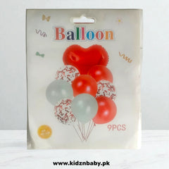 9-piece set of red, gold, and white confetti latex balloons with foil star shapes