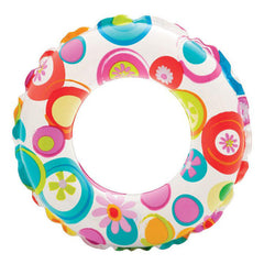 Colorful inflatable ring with floral patterns on a white background