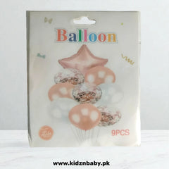 Trendy rose gold and white confetti balloons with metallic foil star accents