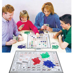 Family playing a board game with colorful tiles and cards on a white background