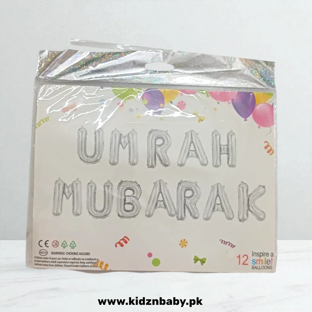 Elegant metallic, silver, Umrah Mubarak letter balloons for Muslim event