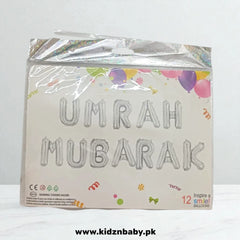 Elegant metallic, silver, Umrah Mubarak letter balloons for Muslim event