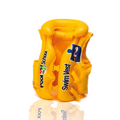 Yellow swim vest with branding on a white background