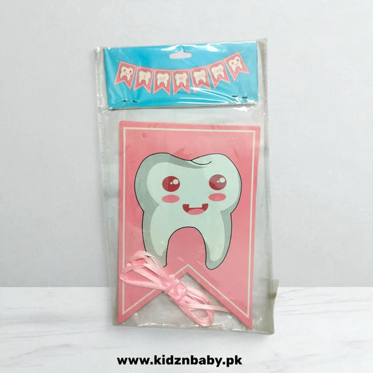 Tooth printed hanging banner for baby’s first tooth celebration decoration in Pakistan