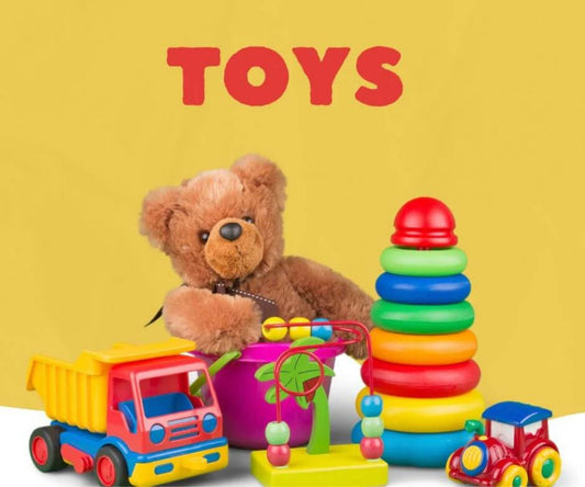 Assortment of colorful toys including a teddy bear, toy dump truck, stacking rings, bead maze, and toy train against a yellow background with the text 'TOYS' in red.