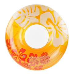 Three swim tubes from the Wet Set Collection in blue, orange, and purple colors, each with a floral pattern. The swim tubes are intended for use by individuals over 9 years old, measuring approximately 91 cm (36 inches) in diameter.