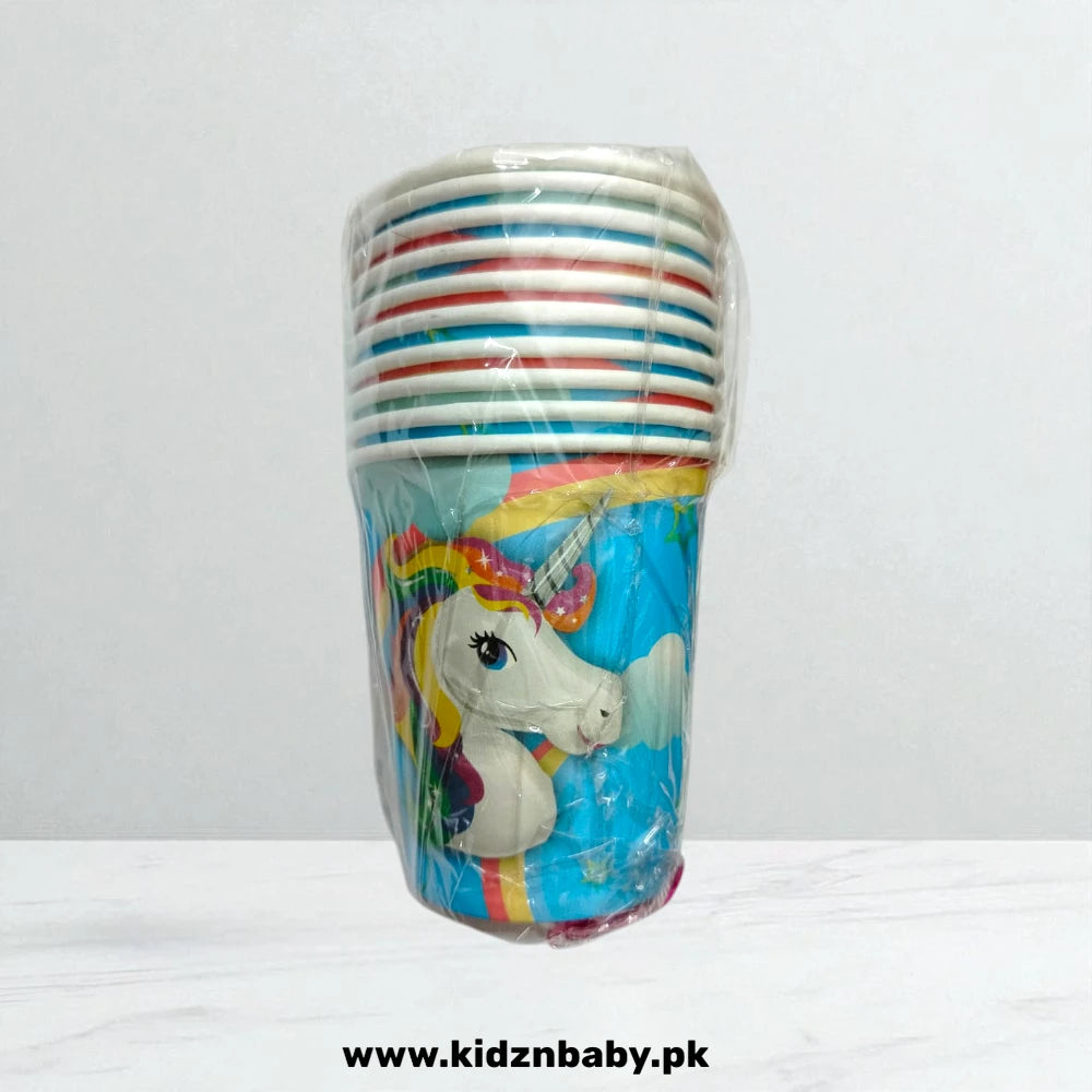 Set of 10 pastel pink and rainbow unicorn paper cups for a girl's birthday party