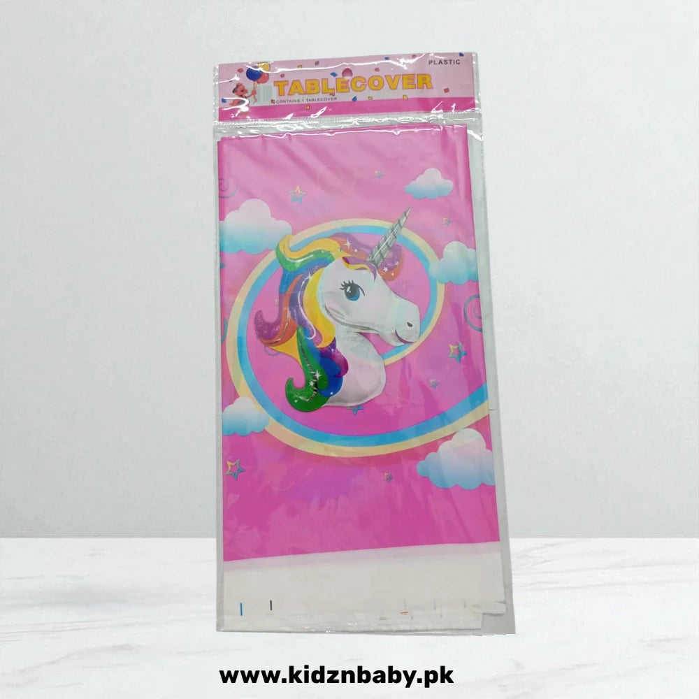 Large rectangular pink plastic unicorn table cover for spill protection and easy cleanup