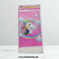 Large rectangular pink plastic unicorn table cover for spill protection and easy cleanup