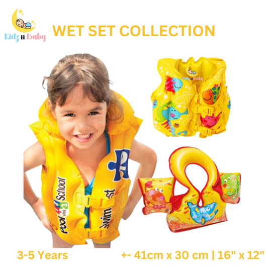 Child modeling a yellow Intex Deluxe Swim Vest with a tropical buddies design, part of the Wet Set Collection for ages 3-5 years.