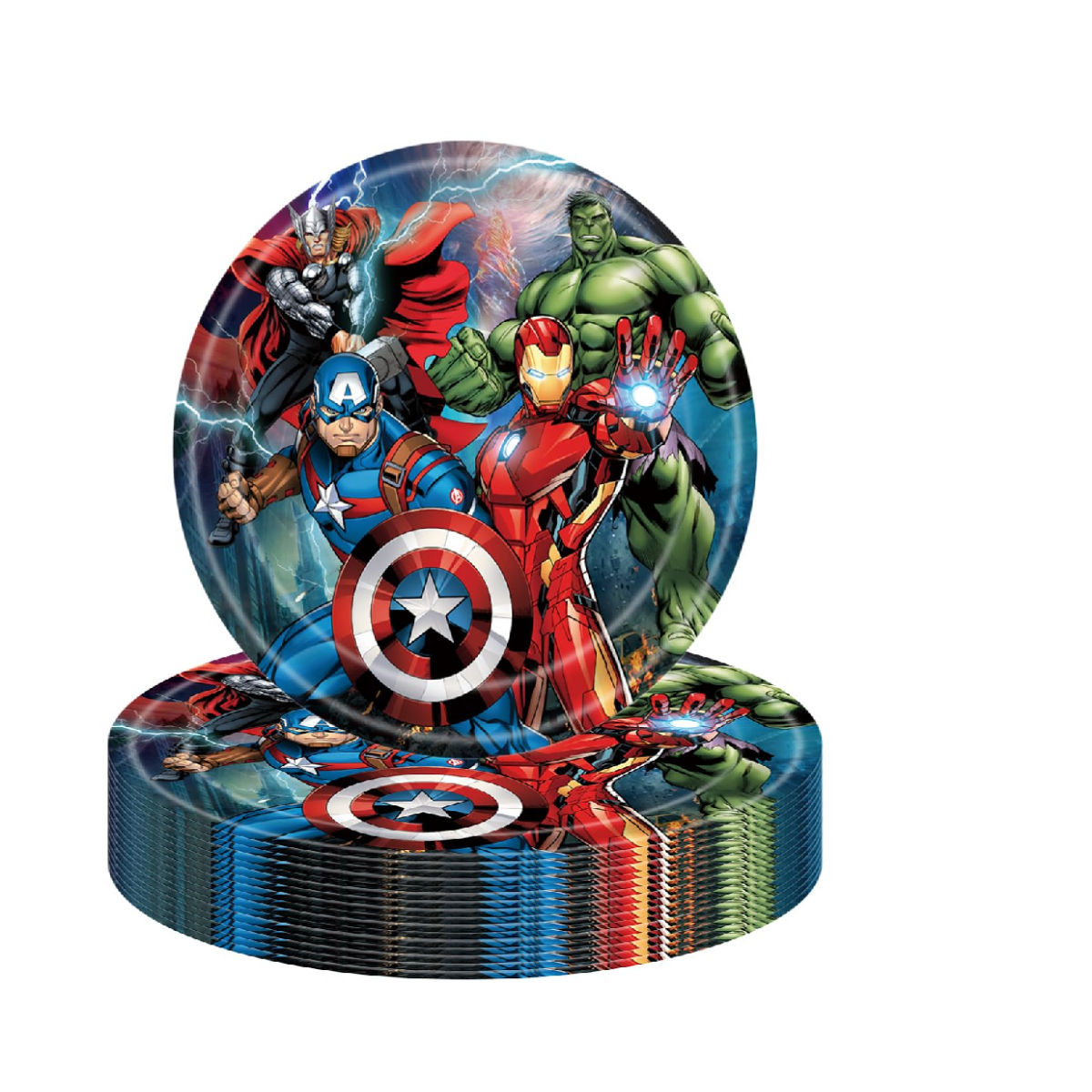 Avengers Disposable Plates featuring Hulk, Iron Man, Captain America, and Thor, perfect for superhero-themed birthday parties.

