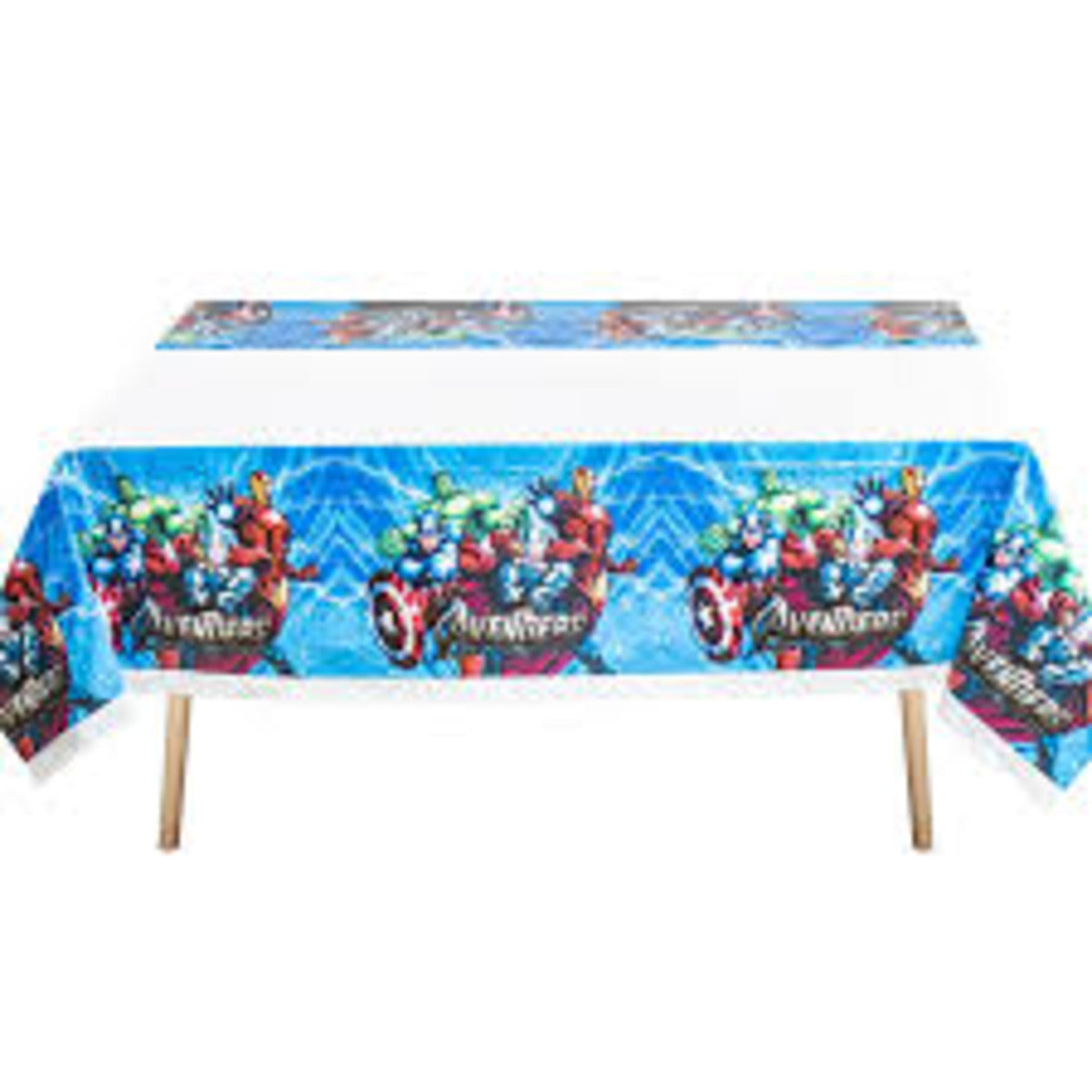 Avengers plastic table cover featuring Iron Man, Hulk, Thor, and Captain America, perfect for superhero-themed parties.

