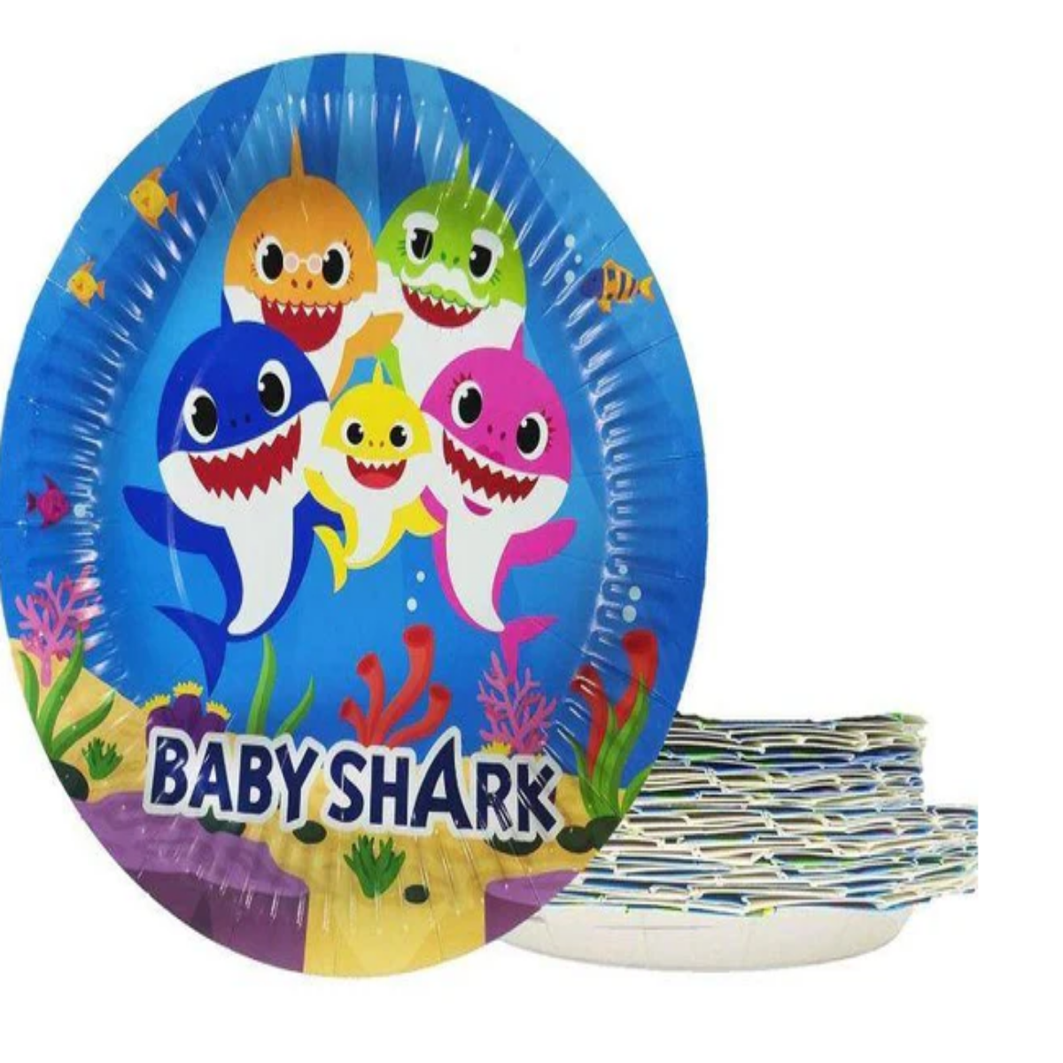 Baby Shark Blue Disposable Plates featuring Baby Shark family, perfect for kids' birthday parties and celebrations.

