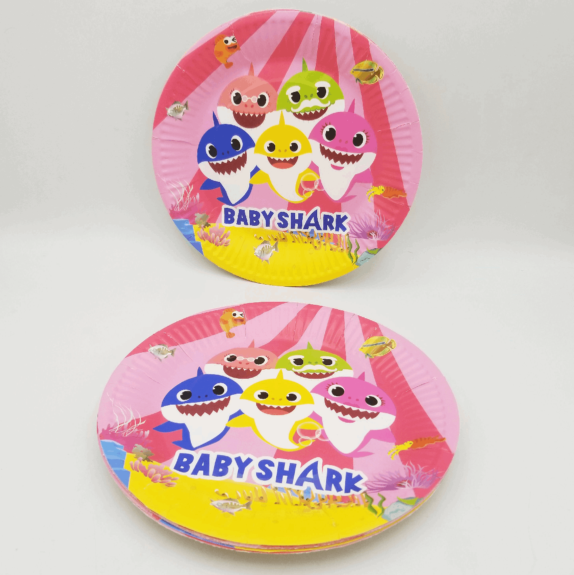 Baby Shark Disposable Plates featuring Baby Shark and family, perfect for kids’ birthday parties.

