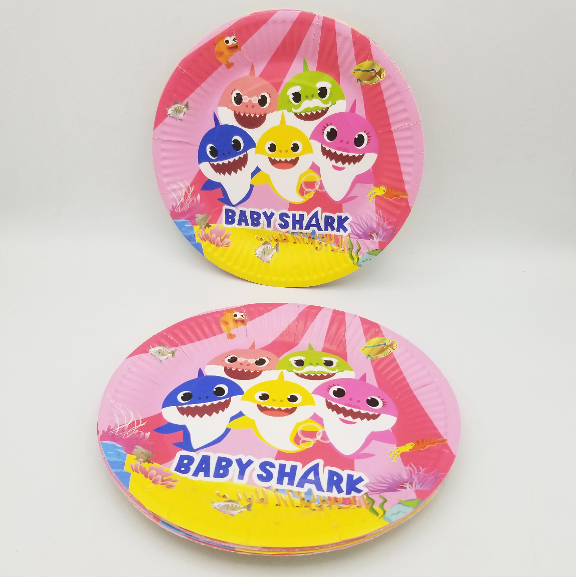 Baby Shark Disposable Plates featuring Baby Shark and family, perfect for kids’ birthday parties.

