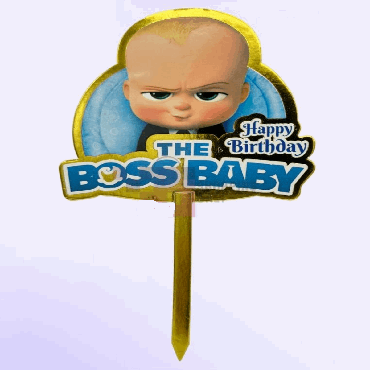 Boss Baby Cake Topper featuring Boss Baby in a suit with a fun birthday theme.