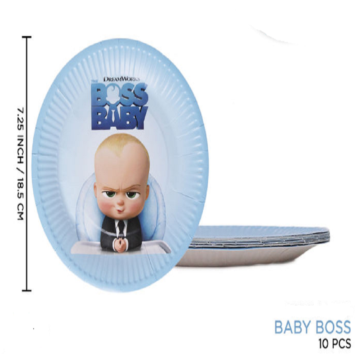 Boss Baby Disposable Plates featuring the Boss Baby character, perfect for birthday parties and baby showers.