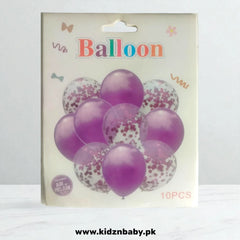 Packaging of purple balloons with confetti on a white background