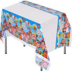 Cocomelon plastic table cover featuring JJ, balloons, and colorful decorations, perfect for kids’ birthday parties.

