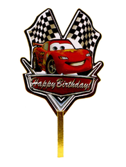 Disney Cars Cake Topper featuring Lightning McQueen with checkered flags for birthday party decoration.