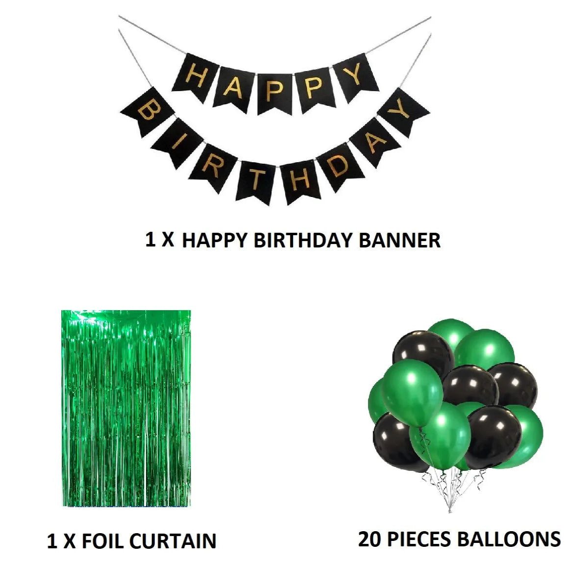 Birthday decoration set with a black and gold HAPPY BIRTHDAY banner, green foil curtain, and 20 black and green balloons