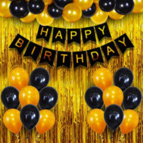 Happy Birthday Decoration Kit in Black and Gold - Pack of 35