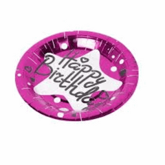 Happy Birthday Pink Disposable Plates with a stylish design, perfect for birthday parties and celebrations.