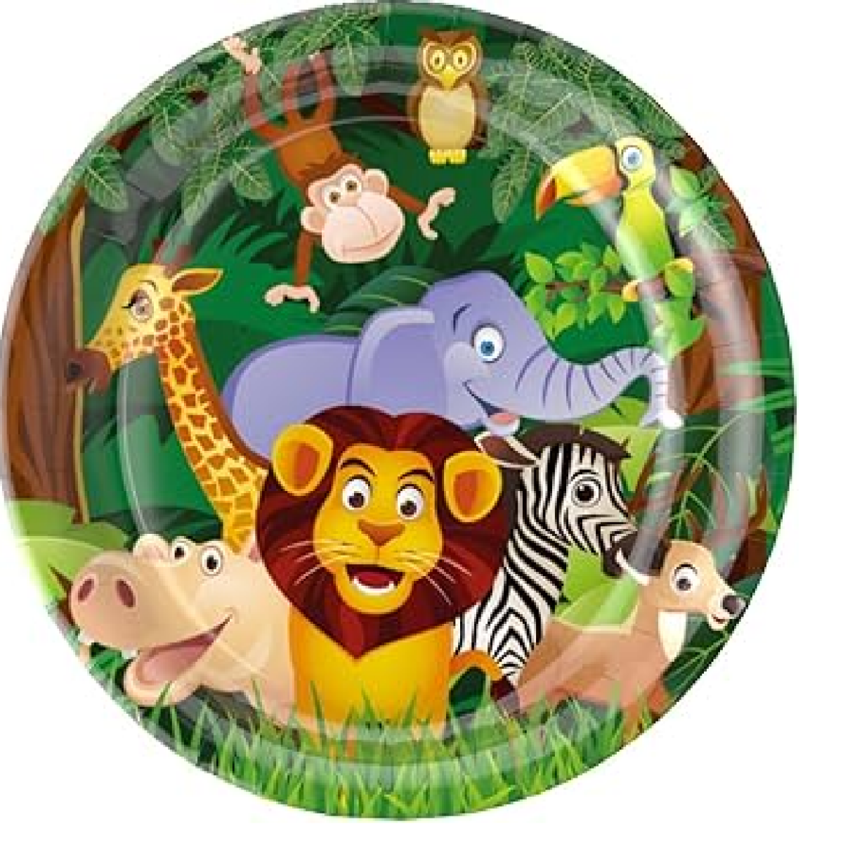 Jungle Safari Disposable Plates featuring colorful animal prints, perfect for kids' birthday parties and events.

