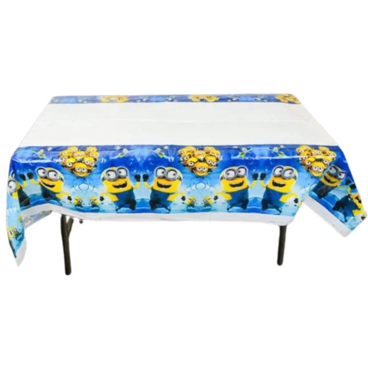 Minions-themed plastic table cover featuring yellow Minions on a blue background

