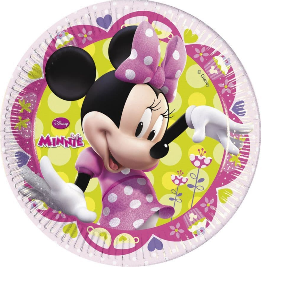 Minnie Mouse Disposable Plates featuring Minnie in a cute pink and green theme, perfect for Disney-themed birthday parties.