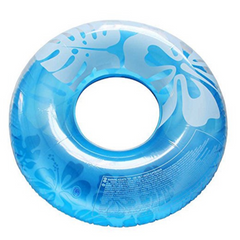 Three swim tubes from the Wet Set Collection in blue, orange, and purple colors, each with a floral pattern. The swim tubes are intended for use by individuals over 9 years old, measuring approximately 91 cm (36 inches) in diameter.