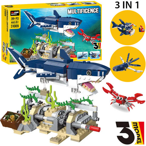 3 in 1 Undersea Marine Animal Building Blocks Set with Squid and Great White