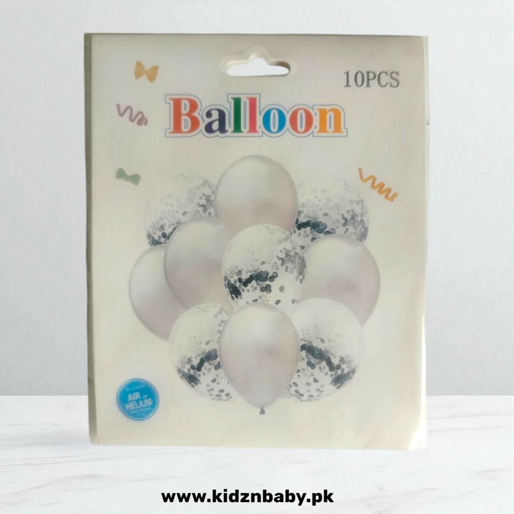 Packaging of white balloons with black specks and confetti, featuring the brand 'kidznbaby'.