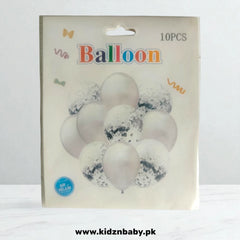 Packaging of white balloons with black specks and confetti, featuring the brand 'kidznbaby'.