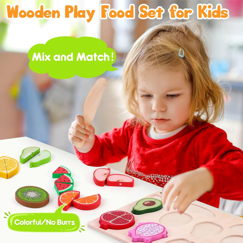 Wooden Fruit Cutting Set for kids with assorted fruits and knife