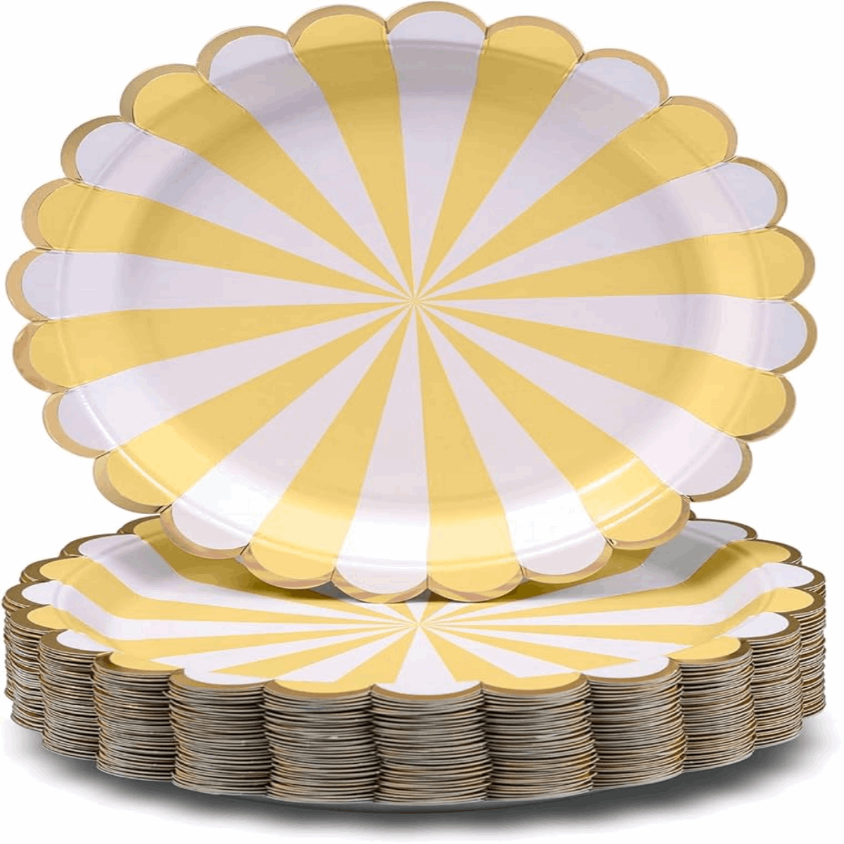 Yellow Sunburst Disposable Plates with a gold rim, ideal for birthdays, weddings, and festive celebrations.

